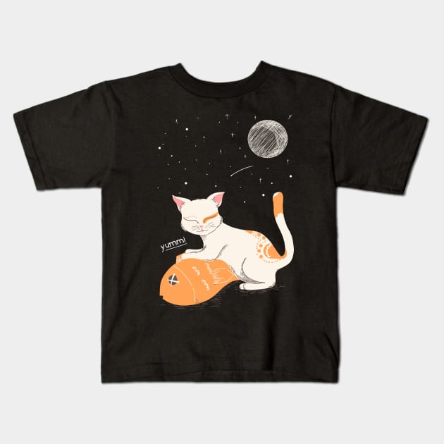 Yumm cat illustration Kids T-Shirt by reskyfebrian